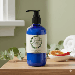 cobalt blue lotion bottle with pump with twisted soaper apocathery label