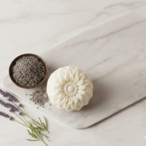 A round textured shampoo bar with lavender sprigs