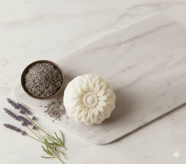 A round textured shampoo bar with lavender sprigs