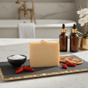 a bar of soap in a bathroom with dried orange slices and chili peppers beside it