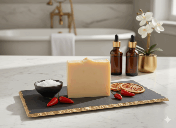 a bar of soap in a bathroom with dried orange slices and chili peppers beside it